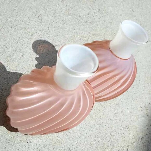 2 Larry Laslo for Mikasa Pink Ribbed Opal White topped Art Glass Vases - Picture 3 of 11